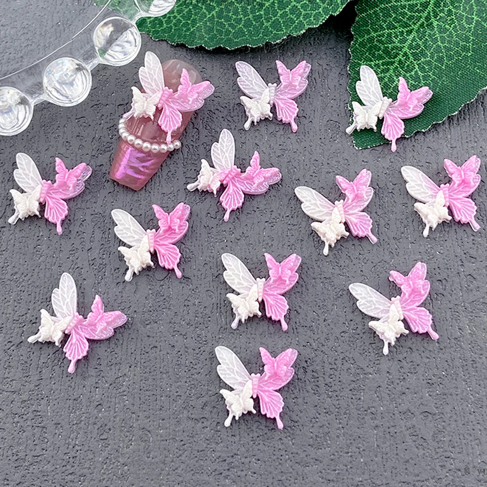 20 Stuks Gradiënt Butterfiy Boog Nail Art Bedels 3d Hars Noctilucent Roze Wit Rose Maan Nagel Decoratie Schattige Diy Nagel Benodigdheden