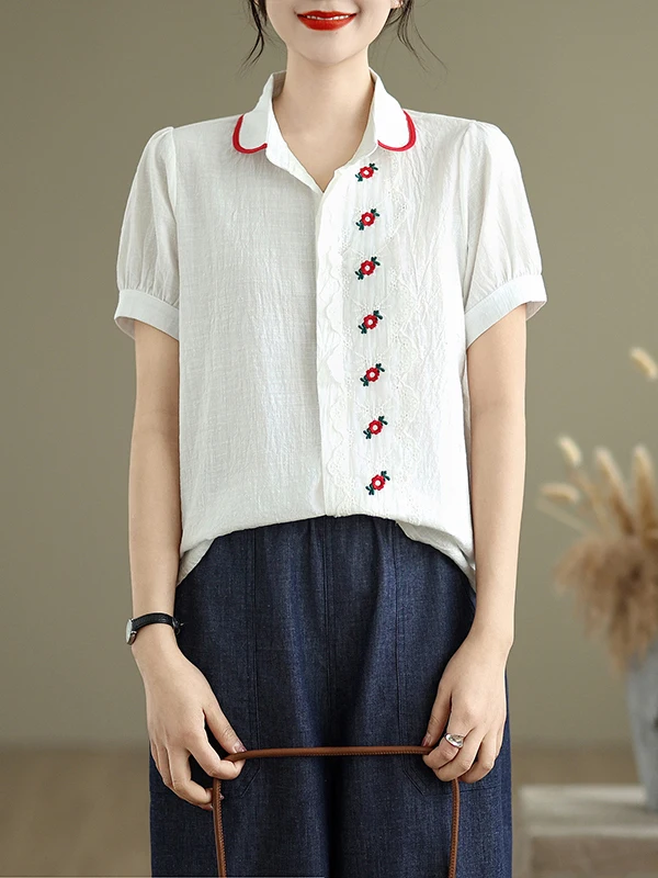 Estate 2025 Versatile pizzo rosso dolce colletto per bambola bottone singolo allentato dimagrante bianco puro cotone irt Casual Sle vestibilità ampia