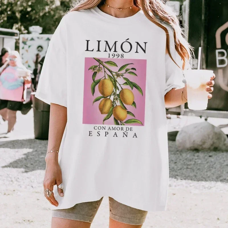 Lemon Fruit Print T-Shirts Cotton Women Graphic Tops Vintage Aesthetic Botanical Streetwear Shirt Cottagecore Clothes Oversized image 3