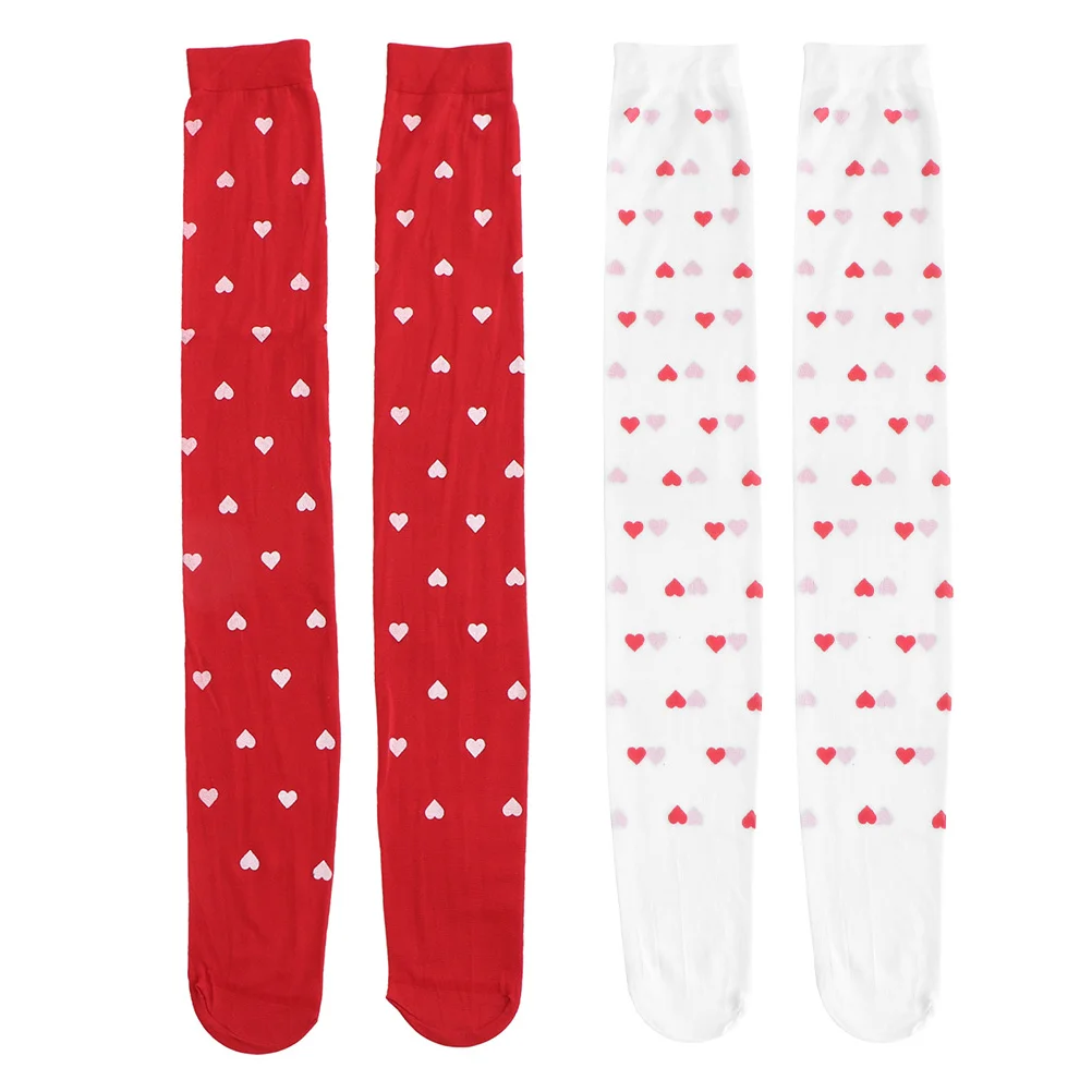 2 Pairs Thermal Leggings for Women Love Stockings Heart Printed Thigh Cosplay Long Socks Pattern Red Role-playing Girl Miss