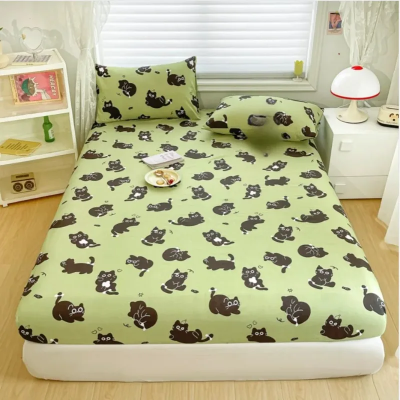 Korean Style Cute Black Cat Fitted Sheet  Avocado Green Elastic Mattress Cover Cartoon Animal Soft Bedding Single Queen Size