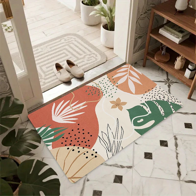 Pastel Tone Leaf Floral Dot Pattern Non‑Slip Doormat, Modern Art Style Rug for Home Entrance Porch Indoor Daily Household Decor
