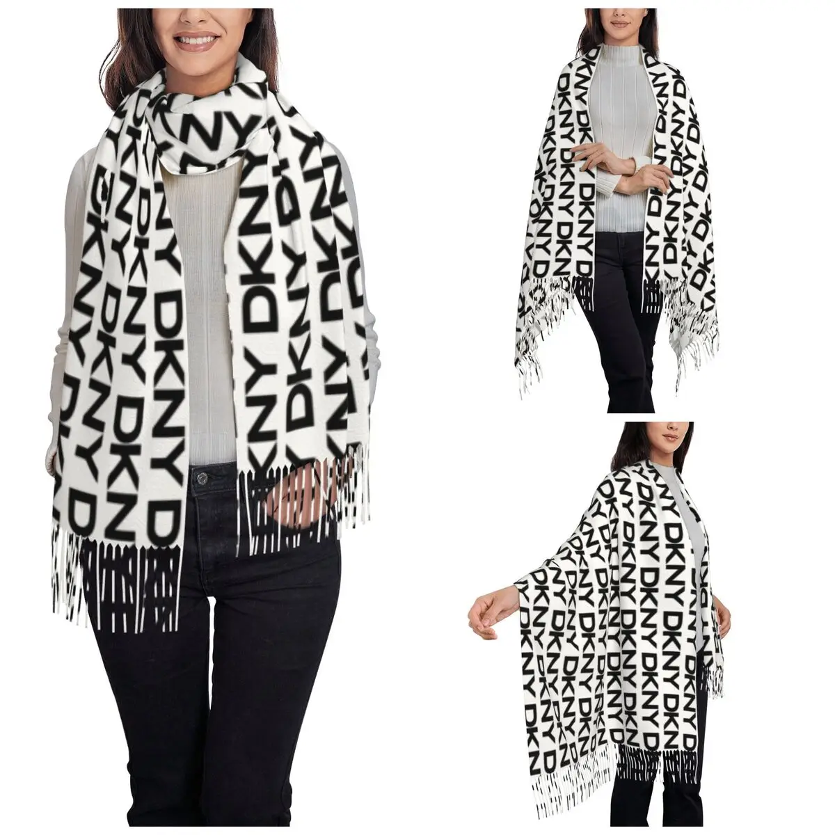 Fashion Letter Scarf for Women Winter Warm Cashmere Shawls and Wrap Long Scarves with Tassel Lightweight