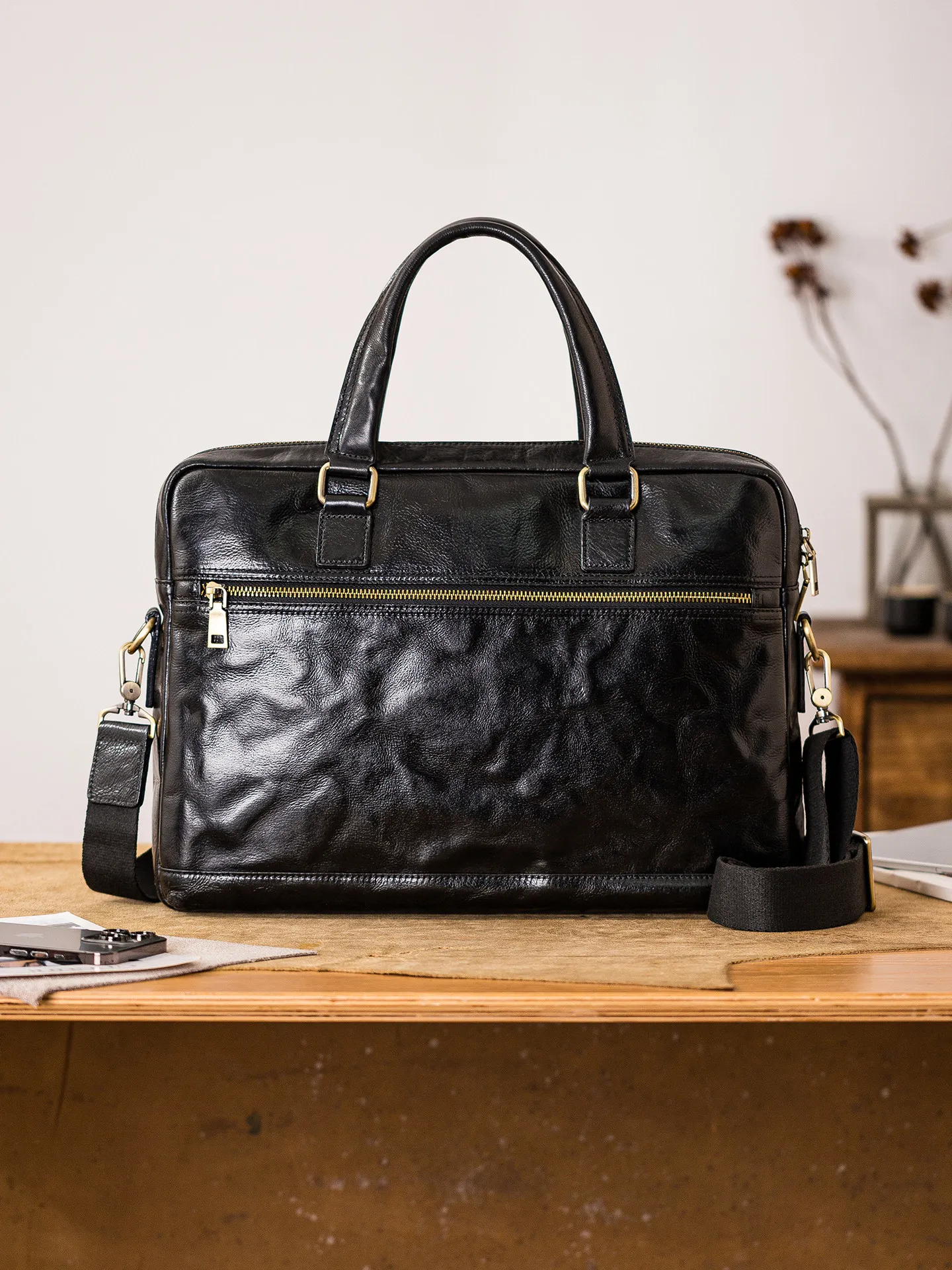 business casual high quality genuine leather men's black briefcase fashion luxury handmade real cow leather work laptop handbag
