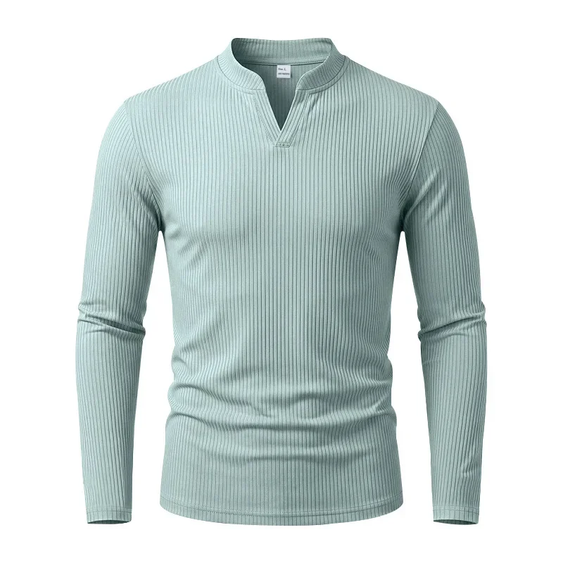 2026 autumn men's jacquard pit strip long-sleeved top, versatile Henry small stand-up collar slim T-shirt