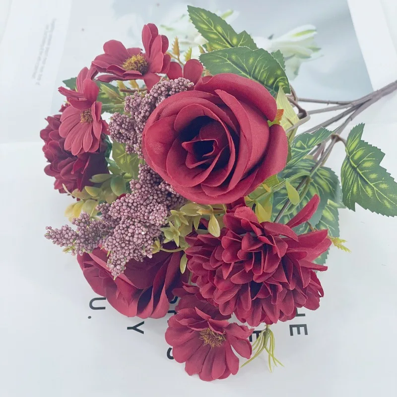 7 Zweige Künstlicher Blumenstrauß, Kunstrosen, Gänseblümchen, Chrysanthemen für Hochzeit, Heimdekoration, Tischdekoration, Partydekoration – Detail 10