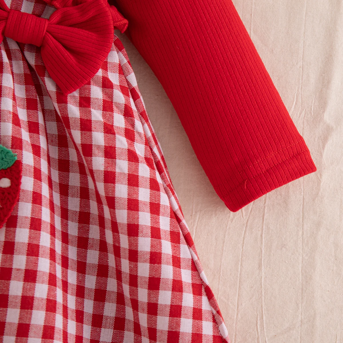 Frühling Herbst Baby Mädchen Rotes Kariertes Kleid mit Erdbeer-Stickerei und Schleife Langarm-Kleid für Mädchen Festliche Partykleidung – Detail 9