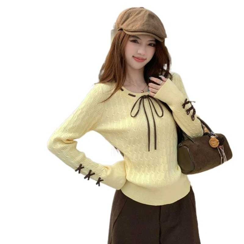 

2026 Spring Autumn Korean Style Bow Lace Sweater Solid Color Pullover Round Neck Top Elegant Stylish Knitted Pullover for Women