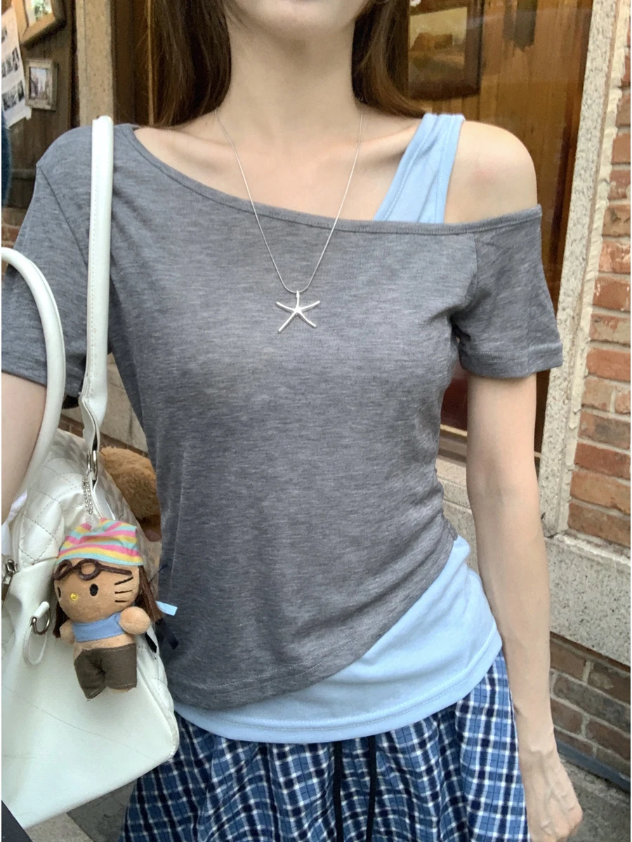 

Summer ort Sve T-irt Women's Korean Sle oulder Bared Pure Desire Faionable Design Versatile High Waist Slim Fit