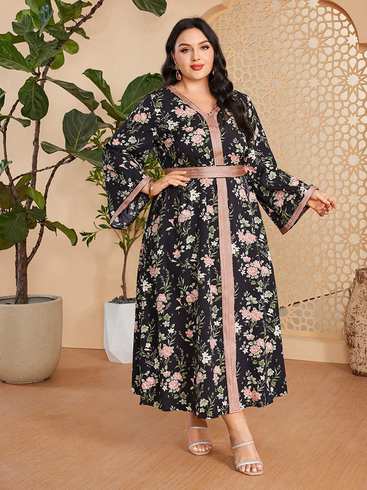 

2024 New Floral Print Abayas for Women Muslim Plus Size Loose Belted Dress Dubai Kaftan Turkey Robe Arabic Gown Islamic Jalabiya