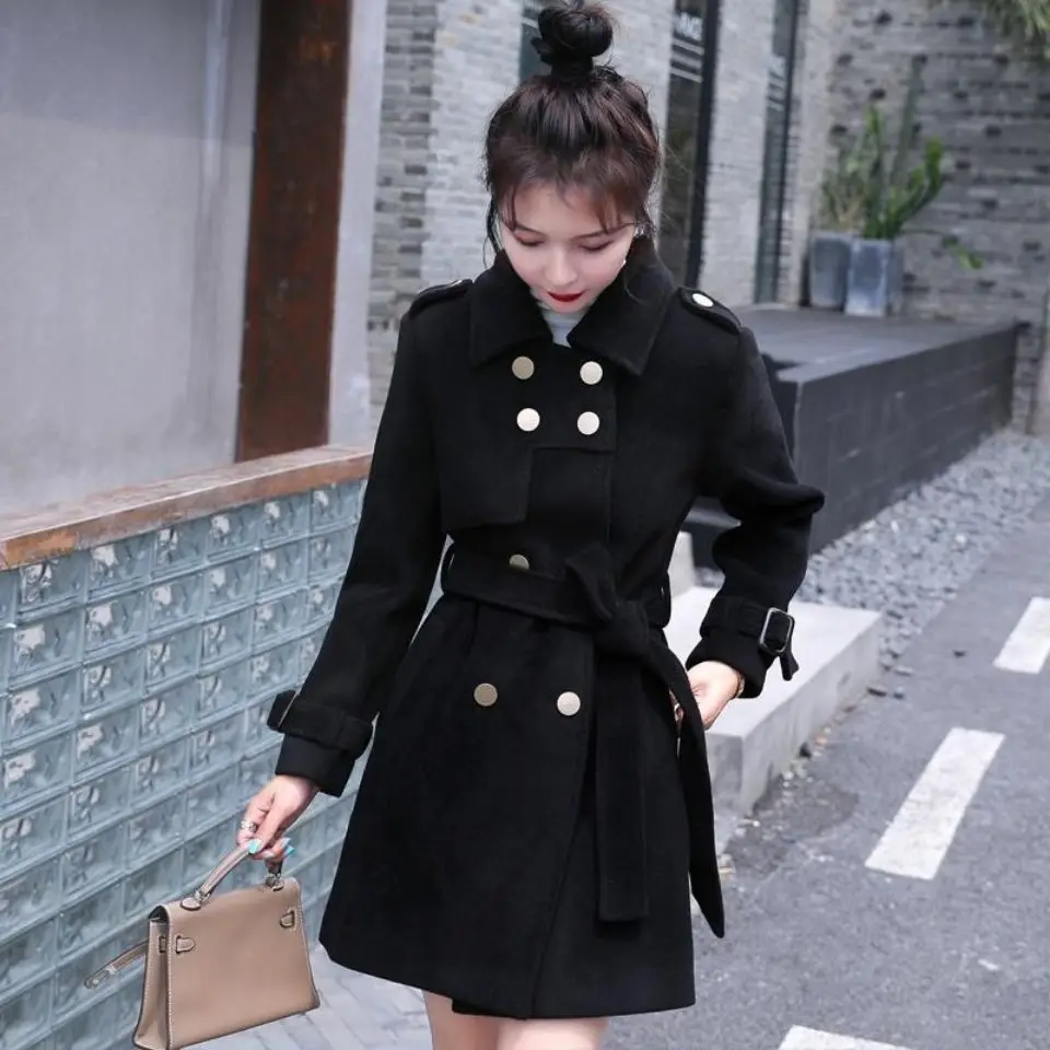 

Elegant Double Breasted Woolen Coat With Belt Women Fashion Korean Long Sleeve Windbreaker Mid-length Female Waist Cinched Coats