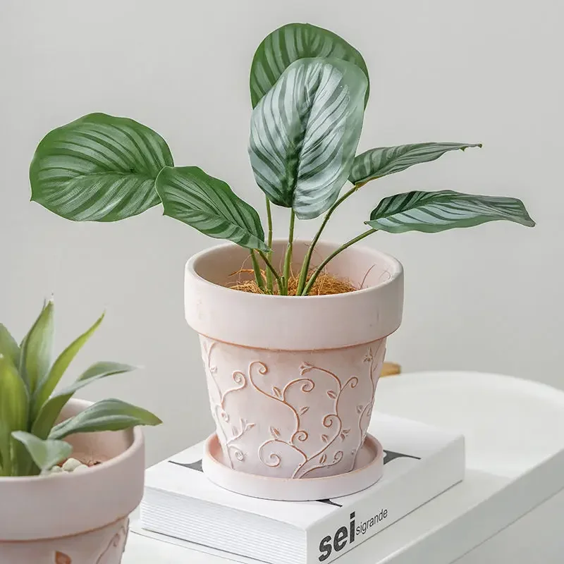 Creative Atomized Clay Flower Pot, White Relief Old Coarse Home Living Room Garden, Courtyard Decoration, Planter with Tray, 1Pc