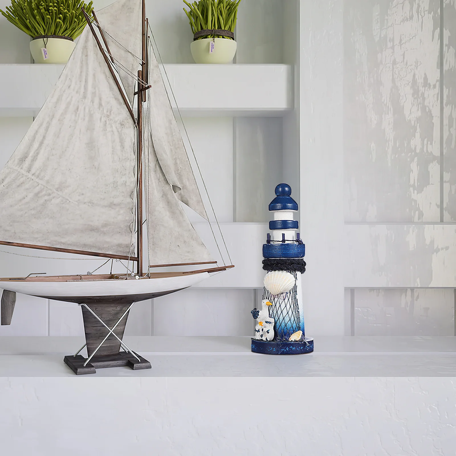 

Lighthouse Decor Nautical Mediterranean Style Hand Painted Fish Net Shell Buoy 5x5x13cm Storm Rubbing Effect Coastal