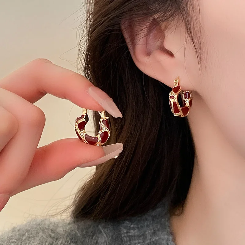 French Vintage Red Spot U-shaped Round Drping Oil Gold Plating Zircon Hoop Earrings for Women Temperament Charms Premium Jewelry image 2