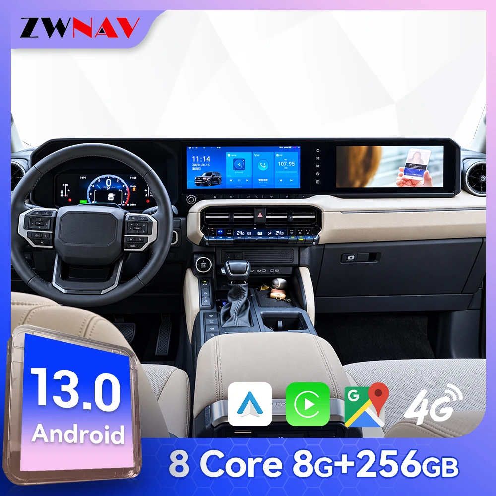 Dual Screen Car Radio For Toyota Land Cruiser Prado LC250 2024-2026 Qualcomm Android13 Multimedia GPS Co-Pilot CarPlay Android