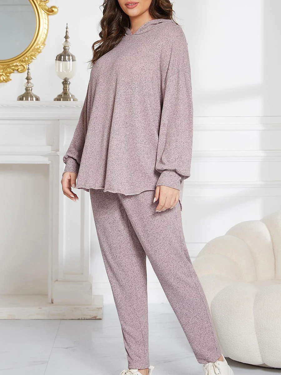 Women s Cozy 2 Piece Lounge Set with Long Sleeve Hooded Top and Matching Pants in Solid Color Perfect Sleepwear Plus Size