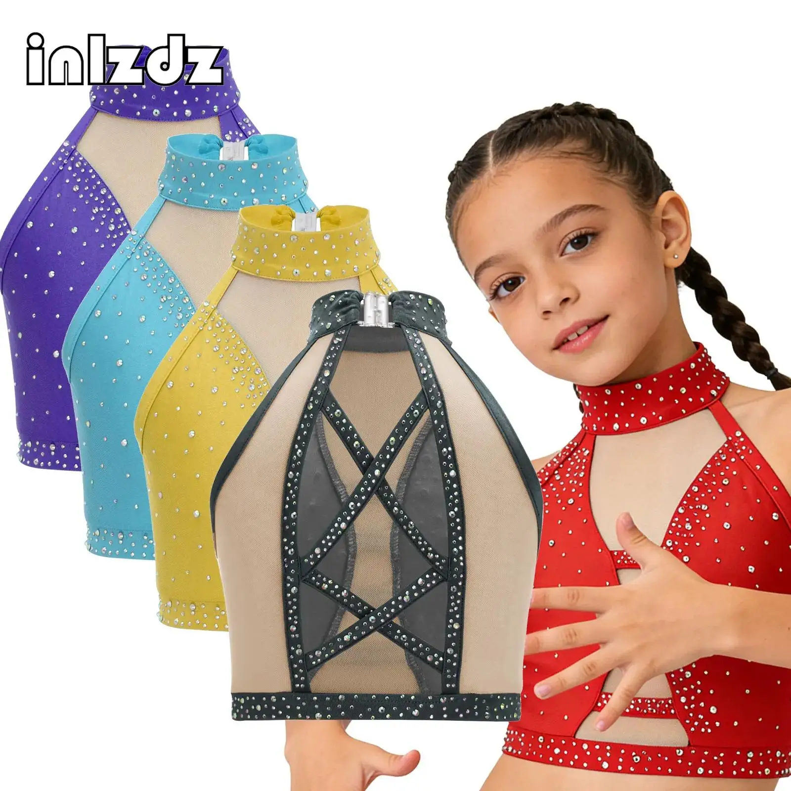 Kids Latin Dance Costume Girls Halter Sleeveless Crisscross Back Mesh Sparkling Rhinestones Crop Top Stage Performance Dancewear