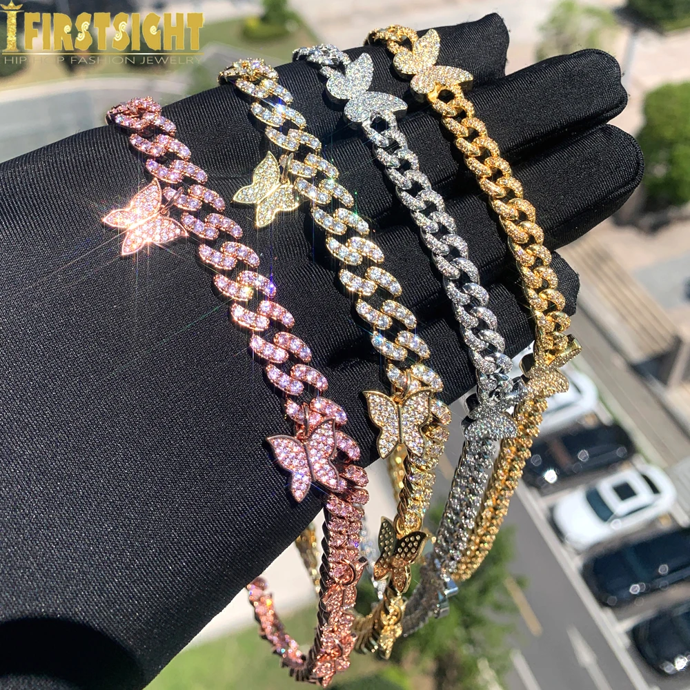 2025 New Sparking Cz Full Butterfly Necklace 9mm Iced Out Bling Miami Cuban Link Gold Color Choker Women Hip Hop Jewelry