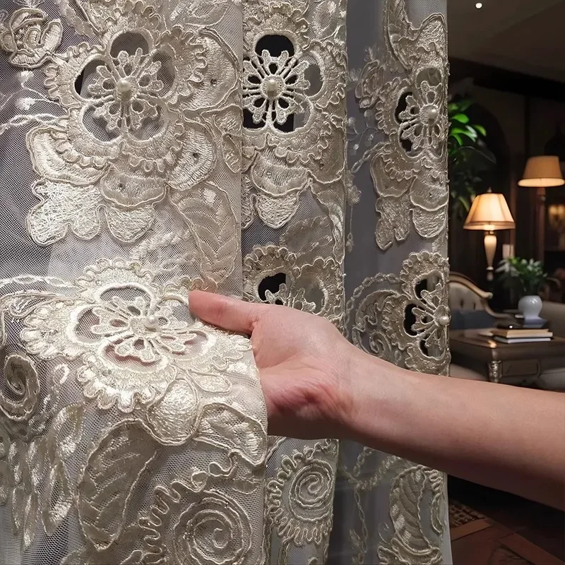 Custom  Size！！European Luxury Embroidered tulle Hollow sheer Curtains for Living Dining Room Bedroom Jacquard White Decor