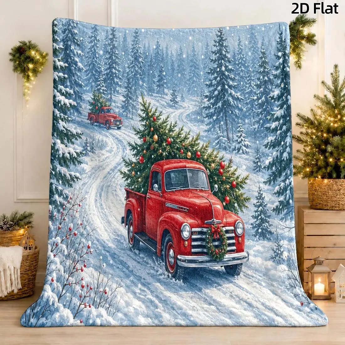1pc 2D Flat Christmas Tree Transport Pattern Blanket, Vintage Oil Painting Truck Illustration, White Background with Red Wreath