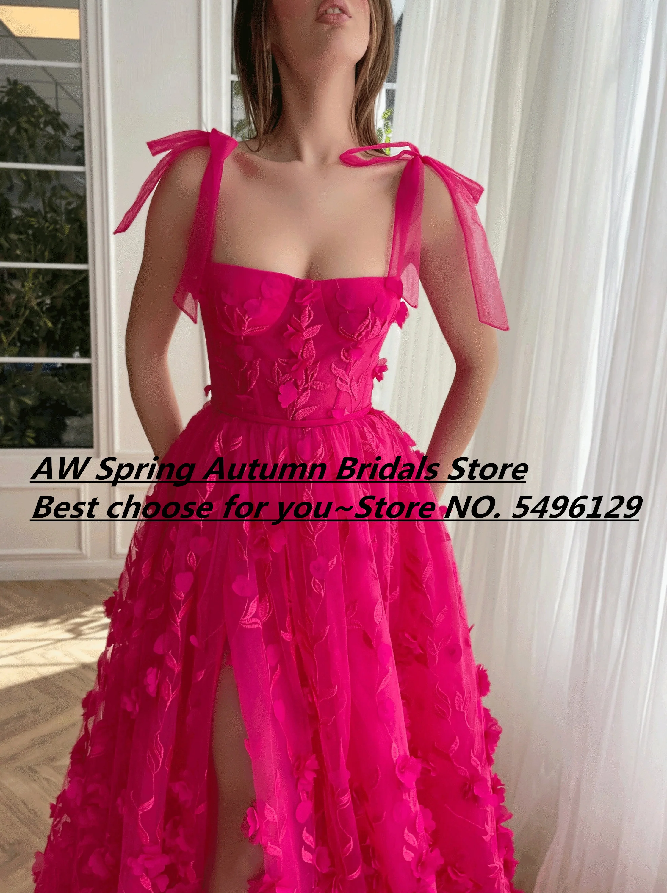 Elegant Lace Fuchsia 3D Flowers Leaves Prom Dresses Sexy Straps High Split A line Boho Fairy Prom Evening Party Gowns 2024