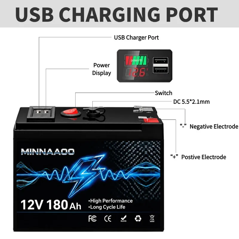12V battery 180Ah Lithium iron phosphate lithium-ion battery pack suitable for RVs, ships, emergency power supply 2 kWh