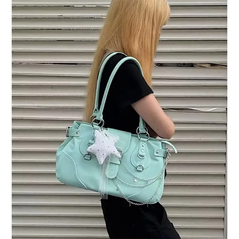 Bolso Tote  Cuero PU con Remaches Estilo Y2K, Color Verde Menta Vintage, Gran Capacidad, Bolso  Hombro Moderno y Sencillo pa