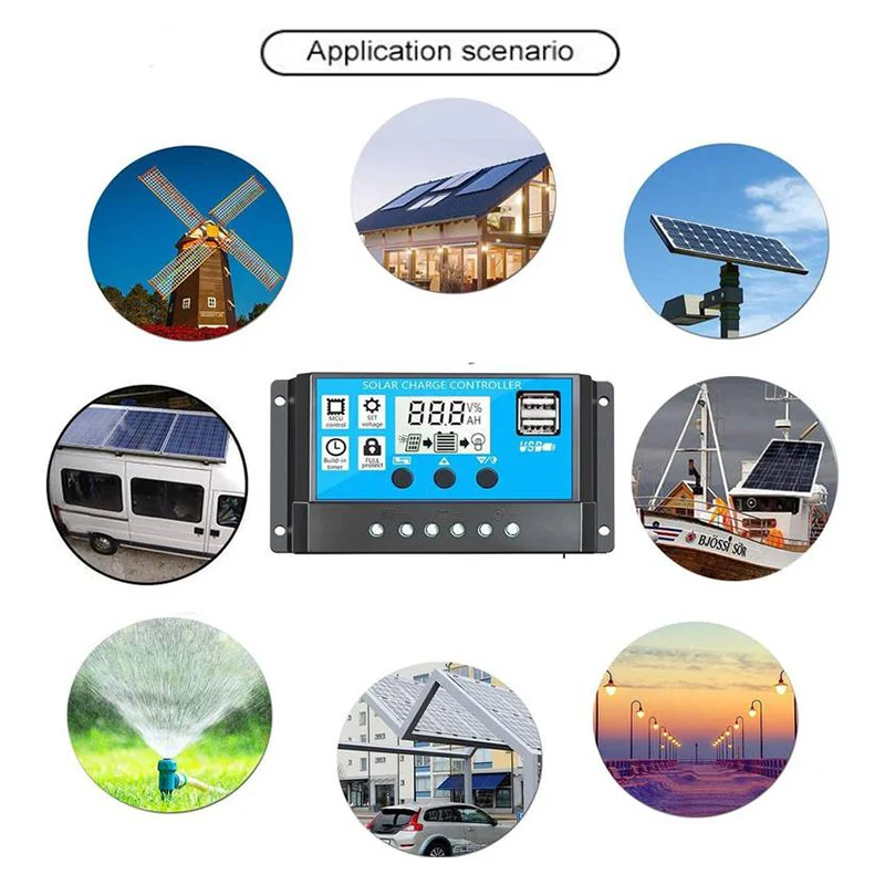 10/20/30/40/50/60/100A Solar Charge and Discharge Controller LCD Display Dual USB Auto Solar Cell Panel Charger Regulator