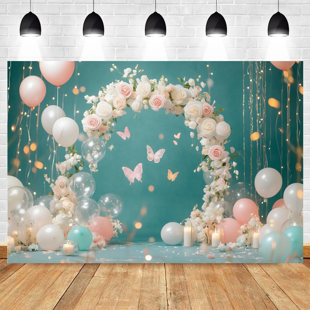 

Boys Girls Birthday Party Photography Background Cake Smash Kids Portrait Decor Balloon Butterfly Castle Backdrop Photo Studio