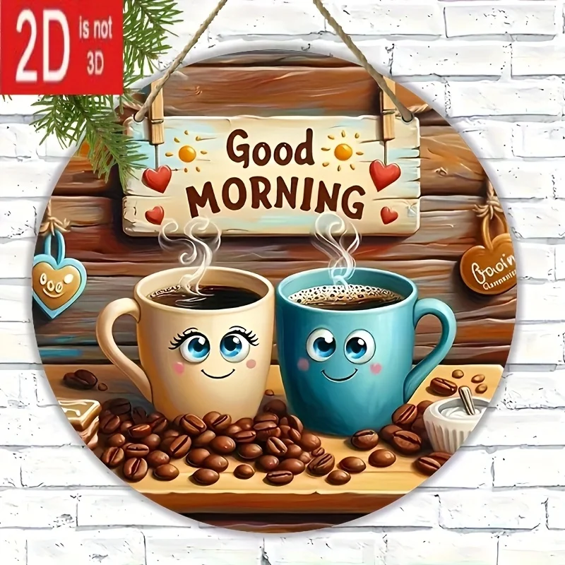 2d1pcs klassisches rundes Holzschild, süßes Kaffeetassen-Thema, mit „Guten Morgen“ und herzförmigem Design, geeignet für Café, Zuhause, M