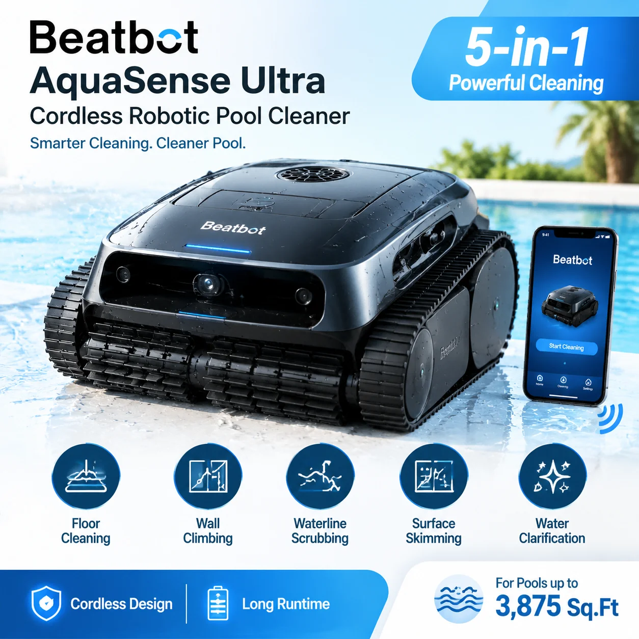 Beatbot AquaSense Ultra Cordless Pool Cleaner, Water Clarification, Surface Skimmer, Wall Climbing, Floor And Waterline Cleaning