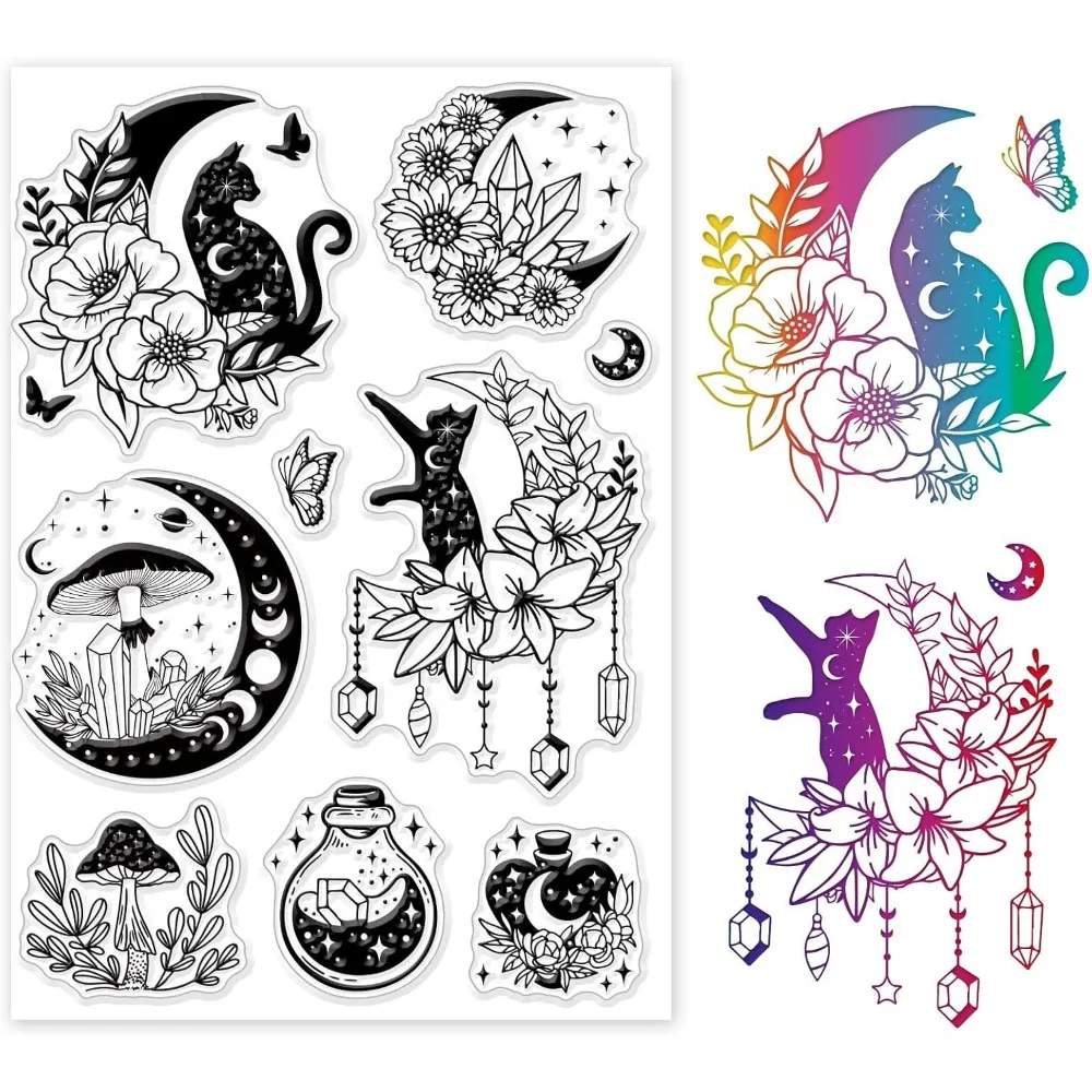1 Stück Mond und Katze Klare Stempel für DIY Scrapbooking Märchen Pilz Silikon Klare Stempel Siegel 21 x 15 cm Transparente Stempel