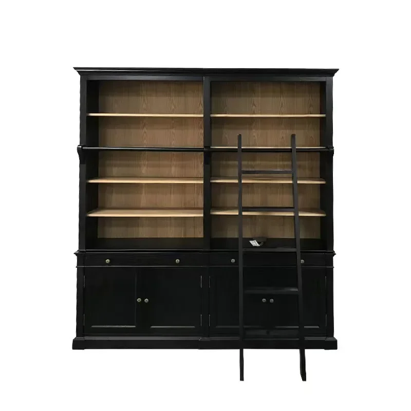 

American bookcase with ladder combination European solid wood locker RH Nordic retro bookcase study