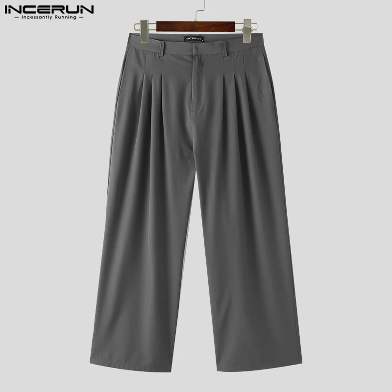 INCERUN 2024 Korean Style Trousers New Men Solid Color Long Pants Fashionable Casual Male Floor Mop Straight Leg Pantalons S-5XL