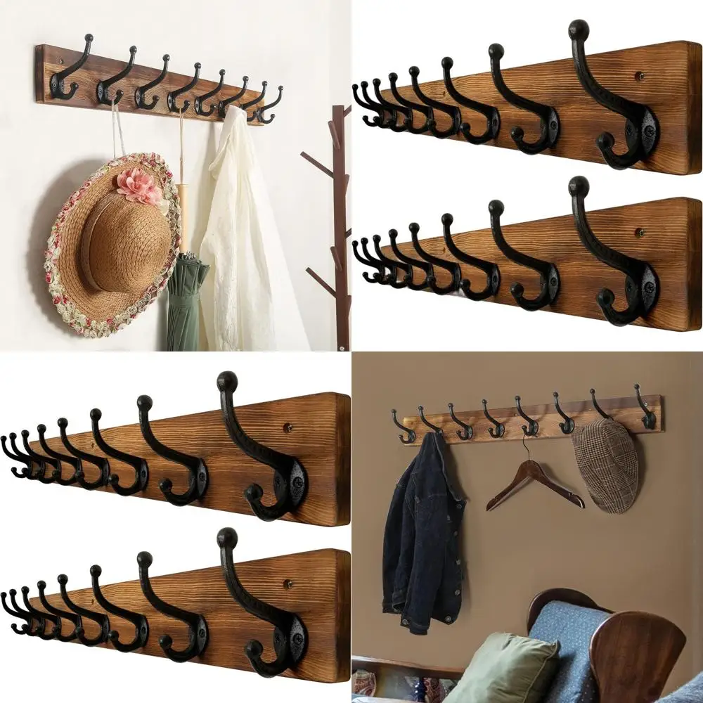 

Sturdy 35.43 Wall-Mounted Coat Rack with 8 Cast Iron Hooks, Holds Coats & Clothes, Brown, 2-Pack