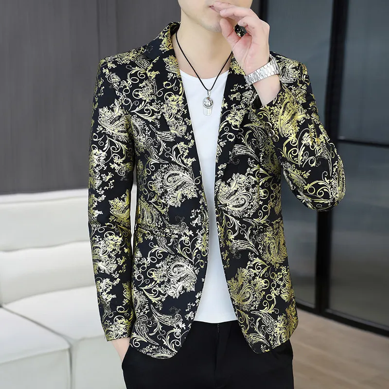 ชุดลำลองผู้ชายแฟชั่นพิมพ์ลายทองคำ แจ็คเก็ตทรงเข้ารูป ผ้าใยโพลีเอสเตอร์ สไตล์คนเมือง แขนยาว ลายดอกไม้...