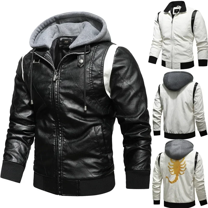 

2024 Autumn Winter Men's Leather Jacket High Quality Korea Fashion Youth Hooded Leather Coats EUR Size 3XL Blouson Homme Hiver