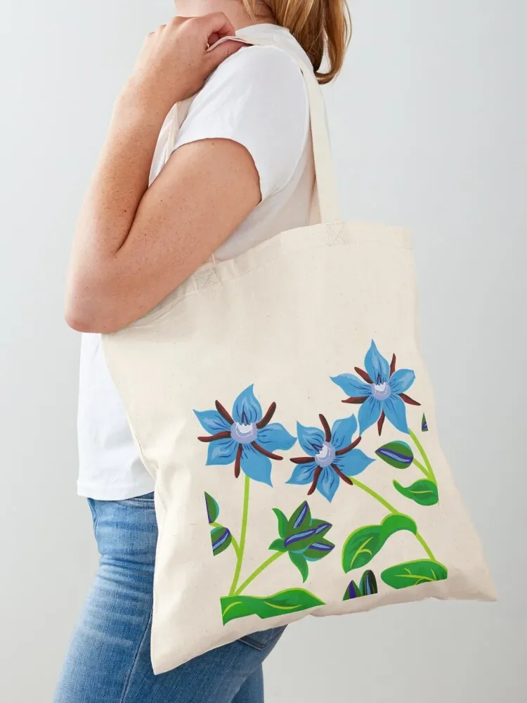 Borage Flower - Borsa tote con illustrazione floreale Blue Borage Borsa personalizzata pieghevole riutilizzabile