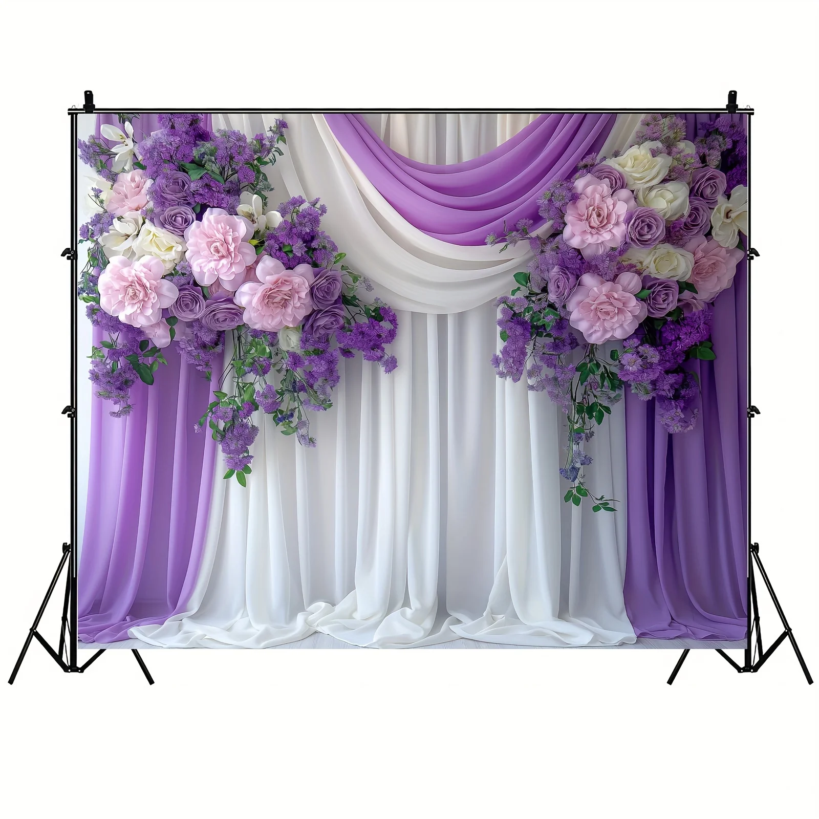 Elegant Purple and White Flower Wedding Background Fabric - Rural Style Curtain Design, Suitable for Bridal Baptism