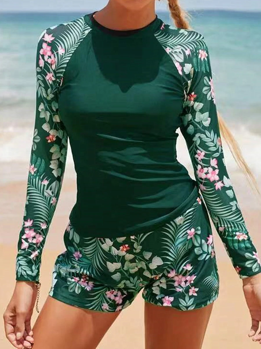 

2026 Long Sleeve Surfing Swimsuit Print Swimwear Women Two Pieces Diving Clothes Beachwear Bathing Swimming Swim Suit