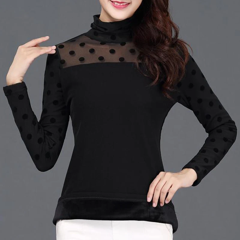 Women Winter Plush Warm Long Sleeve High Collar Elegant All Match T-shirt Fashion Sexy Mesh Patchwork Black Slim Pullover Tops