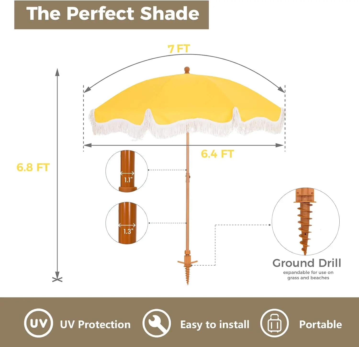7ft Patio Umbrella with Fringe, Portable Outdoor Beach Umbrella with Sand Anchor, Carry Bag, Push Button Tilt, UPF 50+ UV Protec