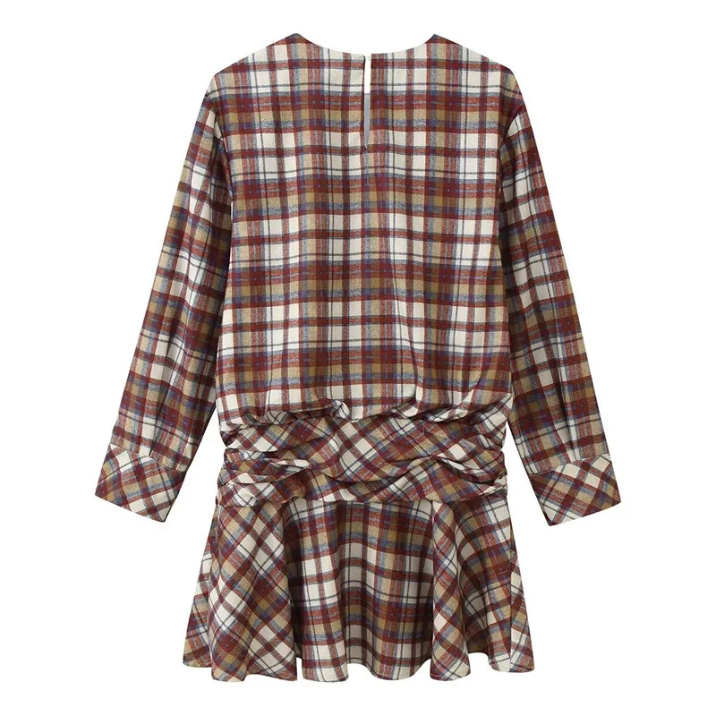 ชุดเดรสแขนยาวลายสก๊อตคอกลมสำหรับผู้หญิงพร้อมชายเสื้อระบายหลวม