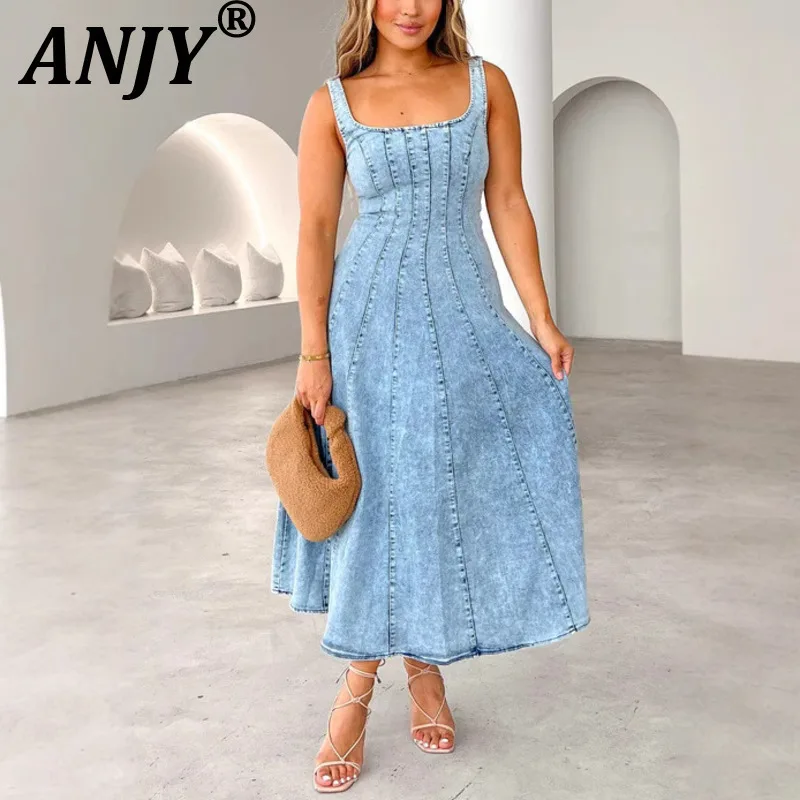 

ANJY Summer New Women's Ins Fashion Y2K High Street Stylish Vintage Sexy Sleeveless Strap Square Collar Draped Denim Dress A8058