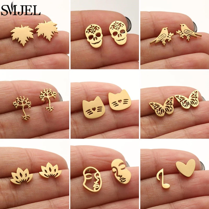 Golden Stainless Steel Earrings for Women Minimalist Leaf Skull Cat Butterfly Bee Earings Fashion Jewelry Heart Music Ear Studs