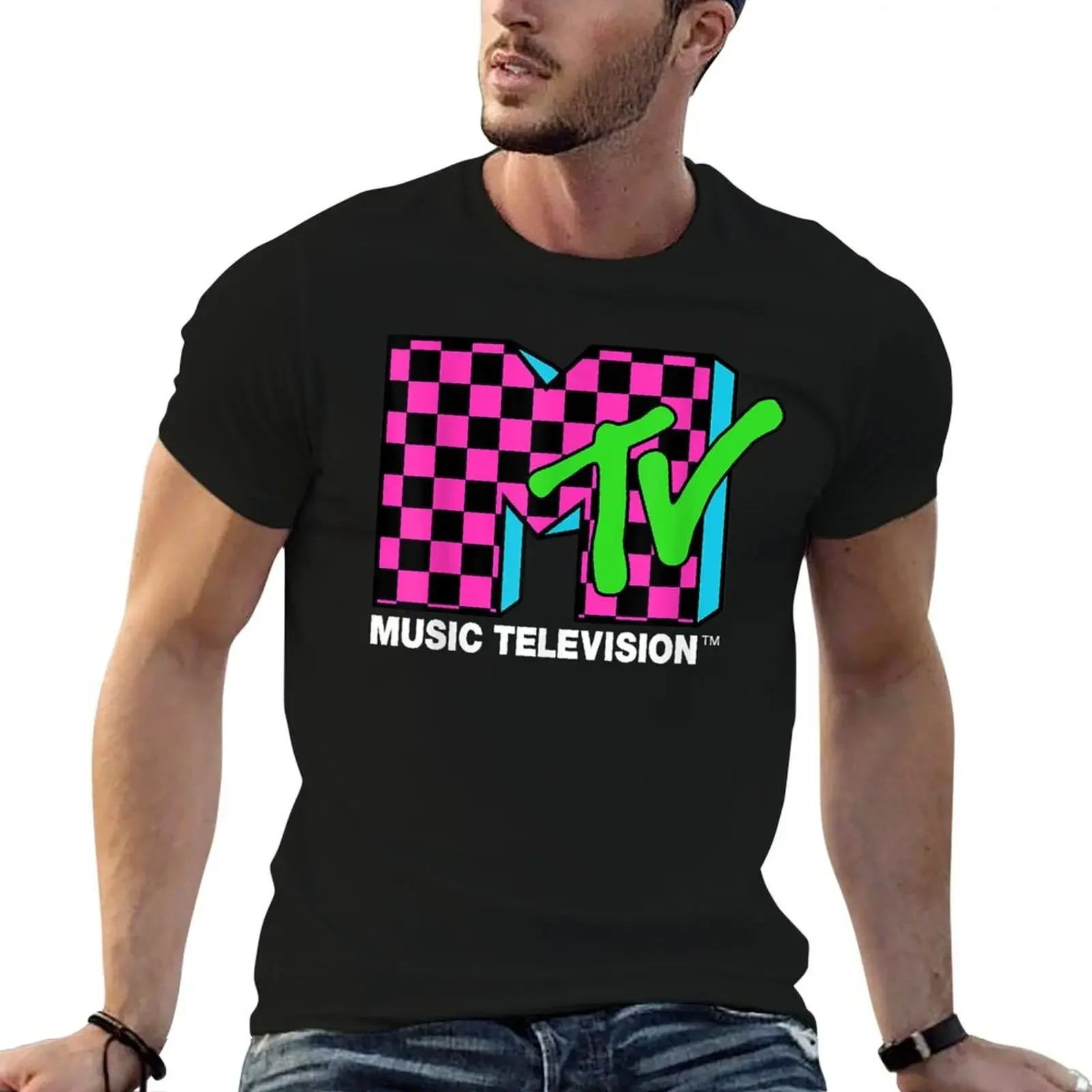 

Classic mtv logo pink and blue checker design T-Shirt anime custom t-shirts summer tops summer top mens clothing