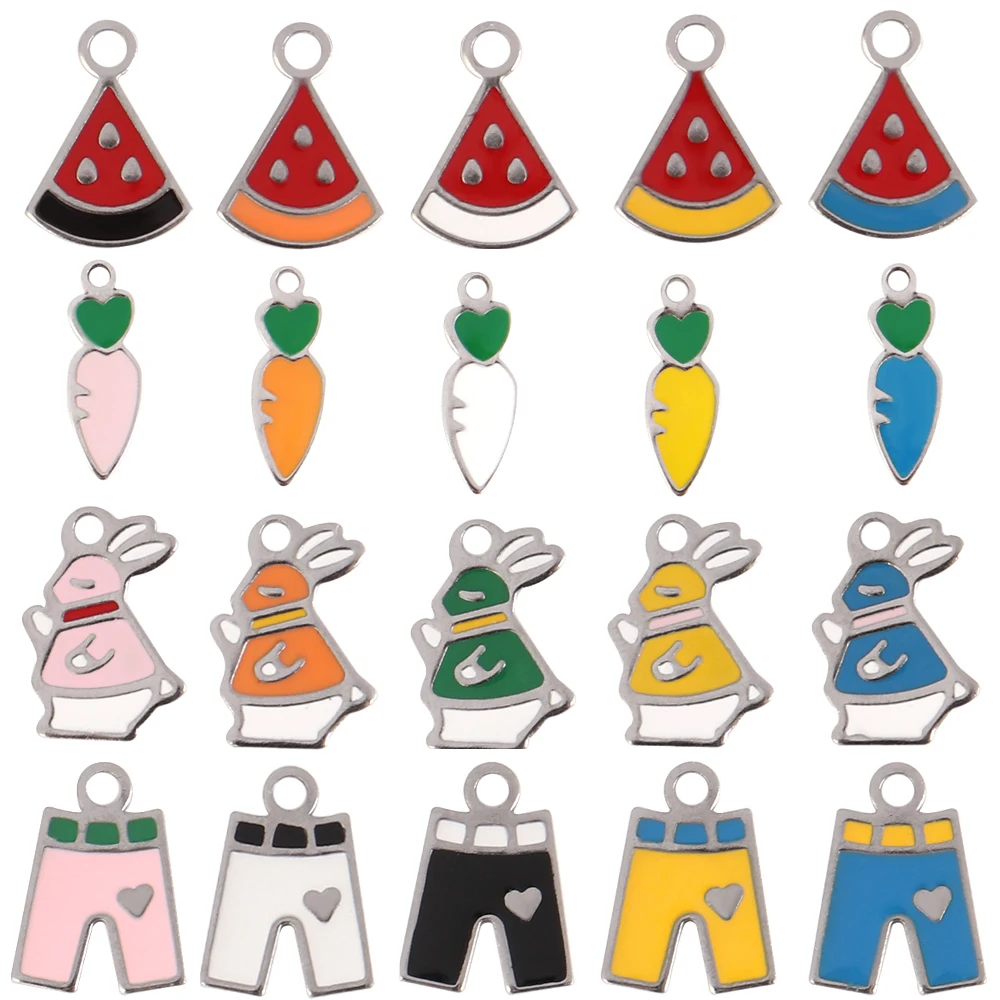 20pcs Stainless Steel Charms Color Watermelon Enamel Drop Oil Rabbit Charms Pants Pendants for Necklaces DIY Jewelry Making