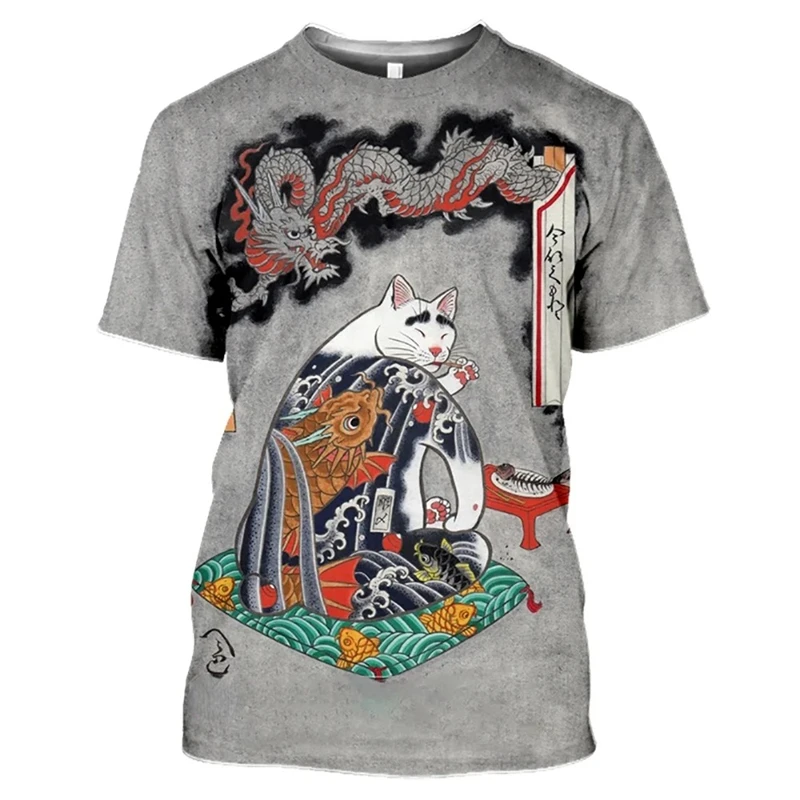 Japanese Kong Fu Cat Tattoo T-shirt Men Women 3D Printed Animal Harajuku T Shirts Streetwear Hip Hop Popular Fashion Soft Top