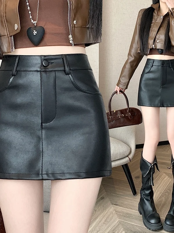 

Юбка из искусственной кожи в американском стиле ретро, юбка трапециевидной формы с высокой талией, сексуальная юбка для девочек, повседневная женская юбка без бренда