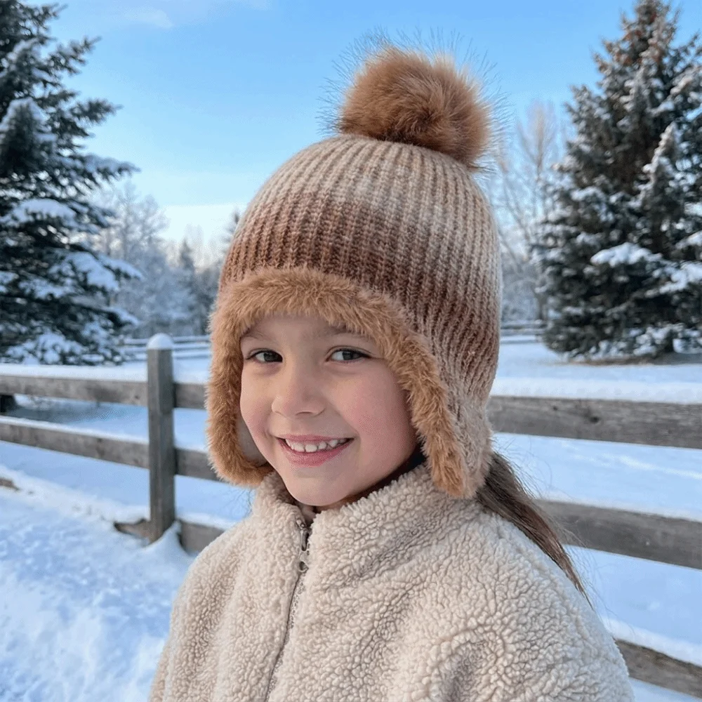 Fashion Multicolor Kids Knitted Hat Hairball Fleece Lining Knitted Bucket Hat Pompom Windproof Ear Protection Hat Cycling